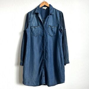 Cloth & Stone Shirt Dress Medium Button Up Pockets Chambray Tencel Blue *READ